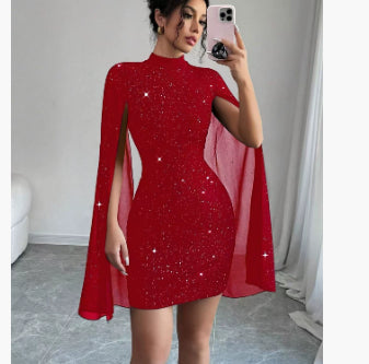 Chiffon Sparkling Glitter Round Neck Cape Sleeve Wrapped Hip Formal Mini Party Dress