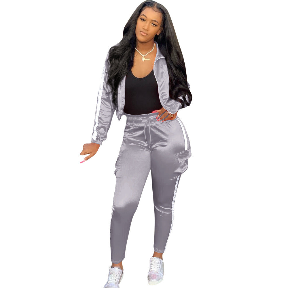 Reflective Side Striped Ruched Zipper Athleseuire Jacket + Cargo Pocketed Jogger Sweatpants Women's Tracksuit