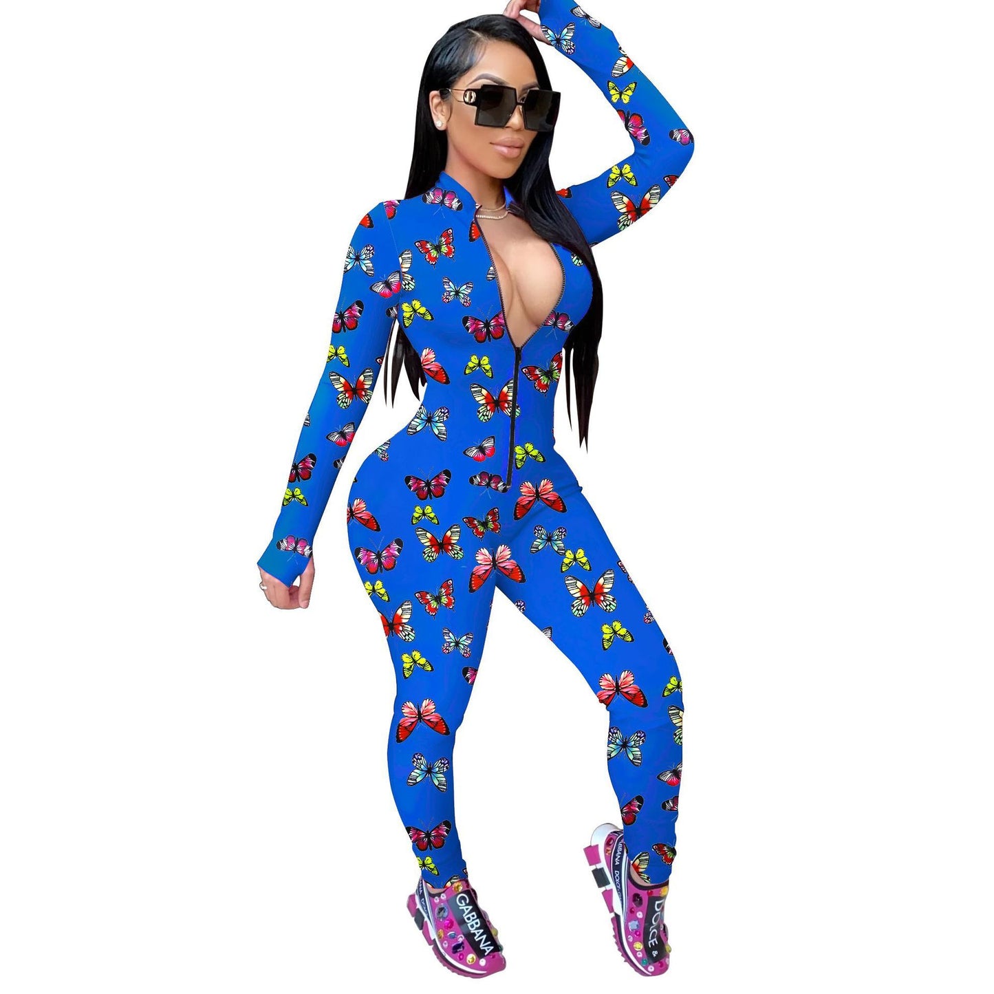 Butterfly Print Long Sleeve Women's Skin Tight Onesie Jumpsuit