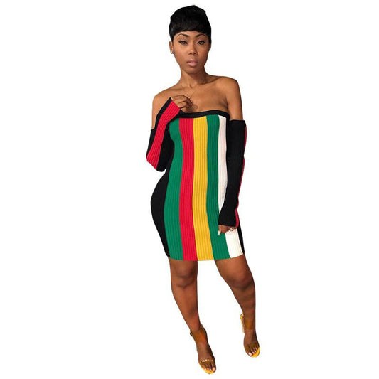 Rainbow Striped Colorblock Panelled Off-the-Shoulder Long Sleeve Mini Dress