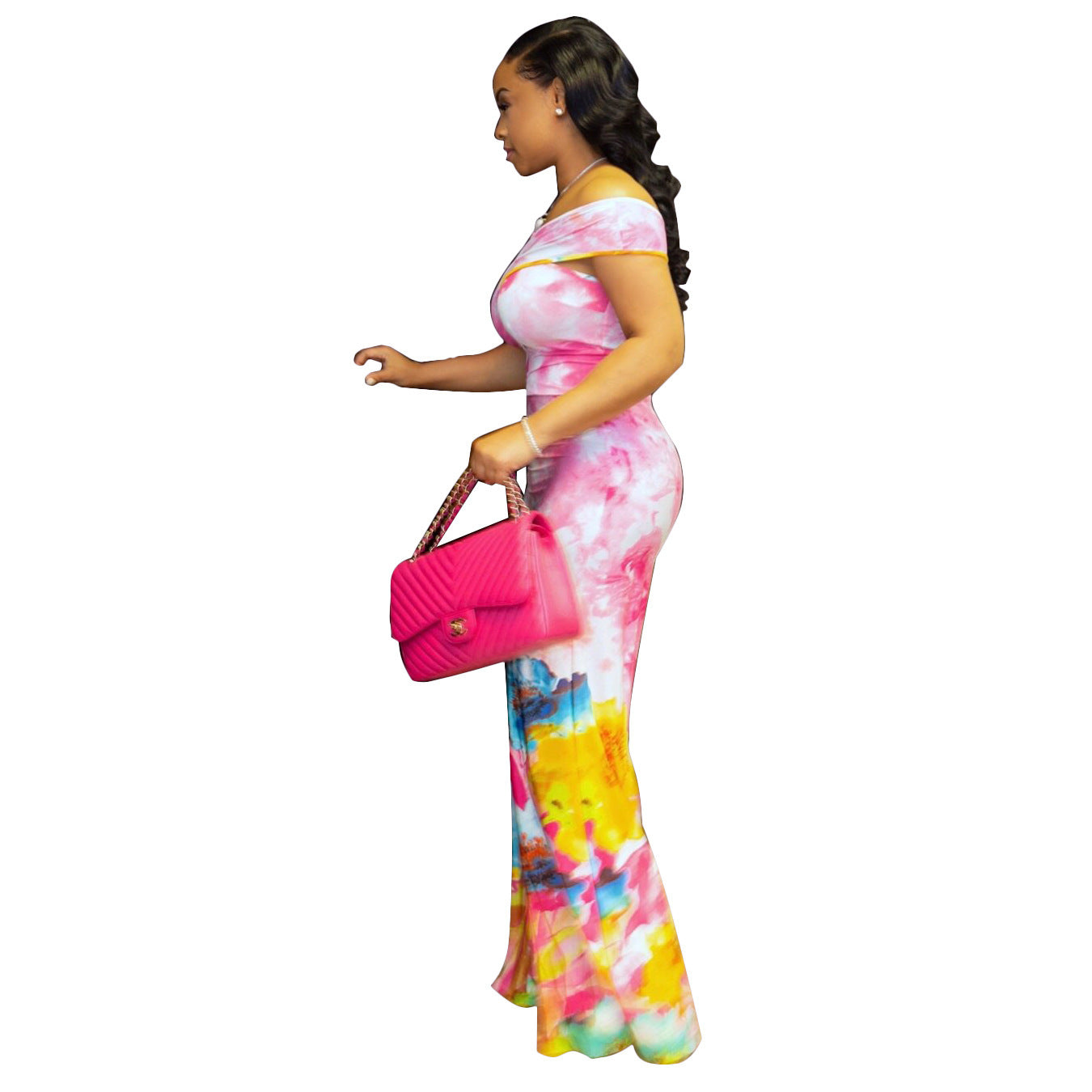 Floral Gradient Print Off-the-Shoulder Flared Pant Hollow-Out  Women's Jumpsuit