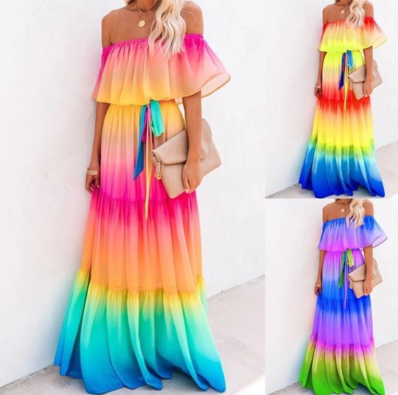 Rainbow Tie-Dye Colorblock Gradient Print Off-the-Shoulder Sleeveless Maxi Dress