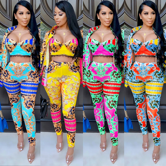 Paisley Baroque Print Women's Long Sleeve Blouse + Corset Crop Bra + Matching Leggings 3-Piece Set