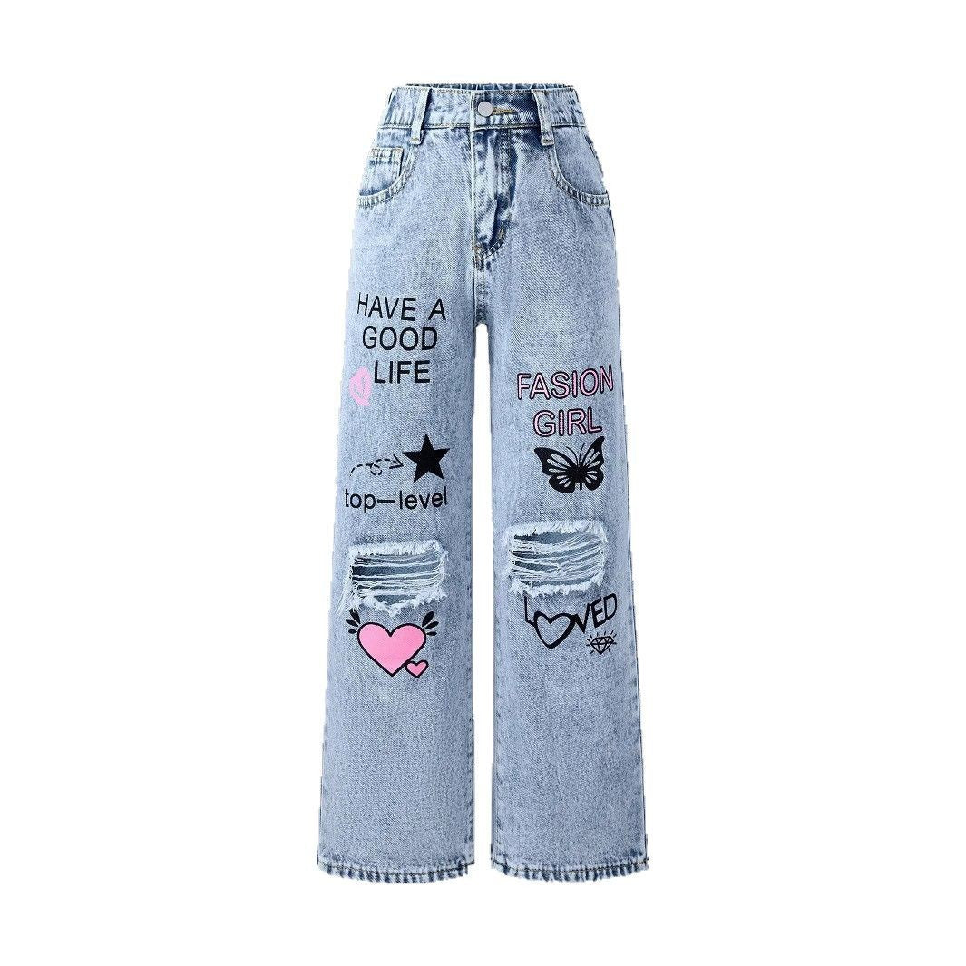 Denim Ripped Washed Star Butterfly Heart Print Letter Print Wide Leg Women's Jeans