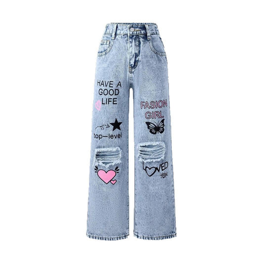 Denim Ripped Washed Star Butterfly Heart Print Letter Print Wide Leg Women's Jeans