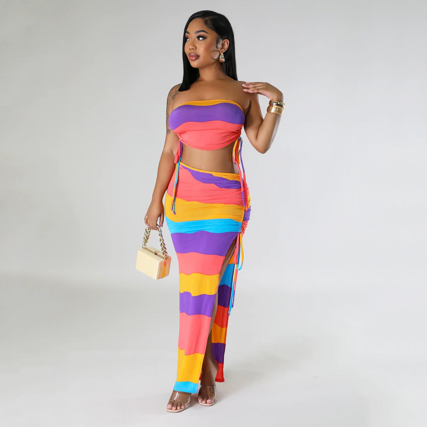 Pastel Rainbow Striped Drawstring Women's Tube Top + Maxi High Slit Skirt 2-Piece Set