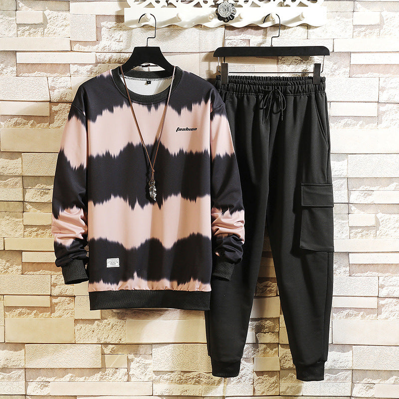Men's Tie-Dye Striped Long Sleeve O-Neck Sweatshirt + Black Sweatpants Tracksuit to 5X Big & Tall