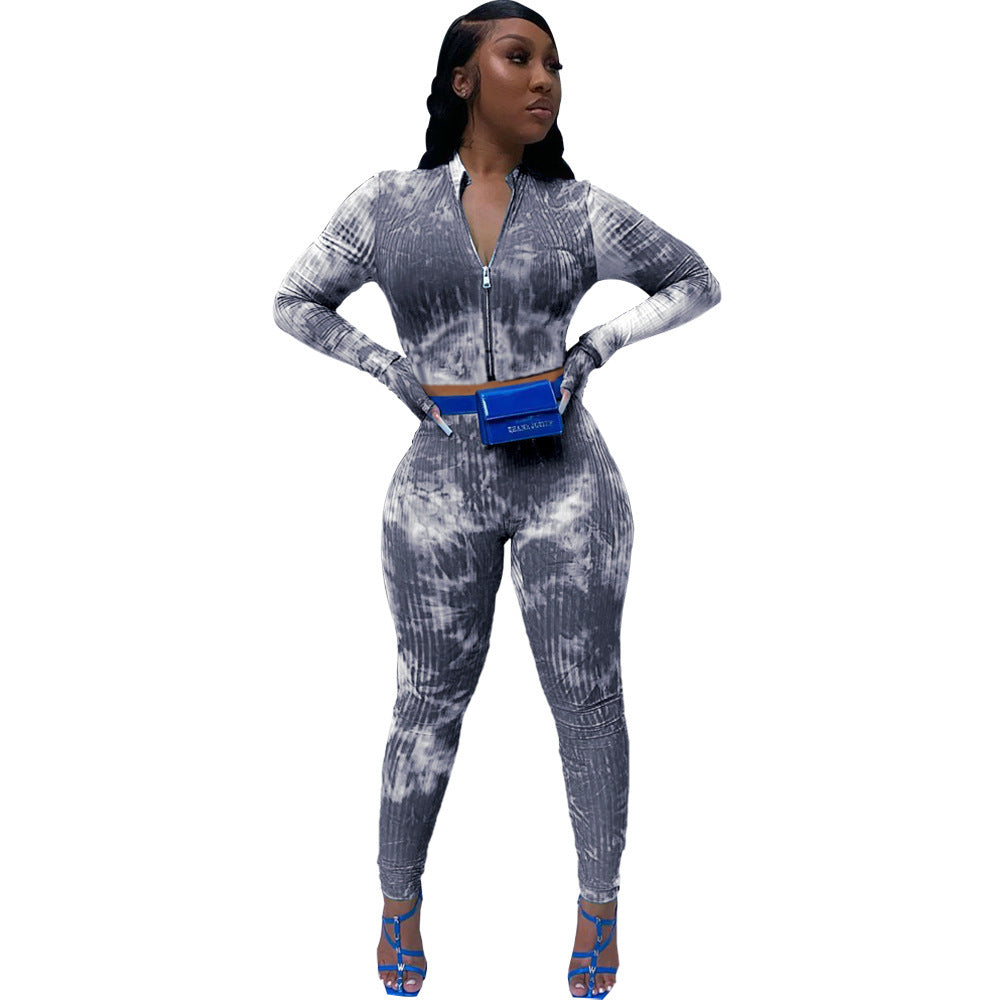Tie-Dye Print Ribbed Long Sleeve Fitness Zipper Crop Jacket + Skinny Workout Gym Leggings Women's Tracksuit