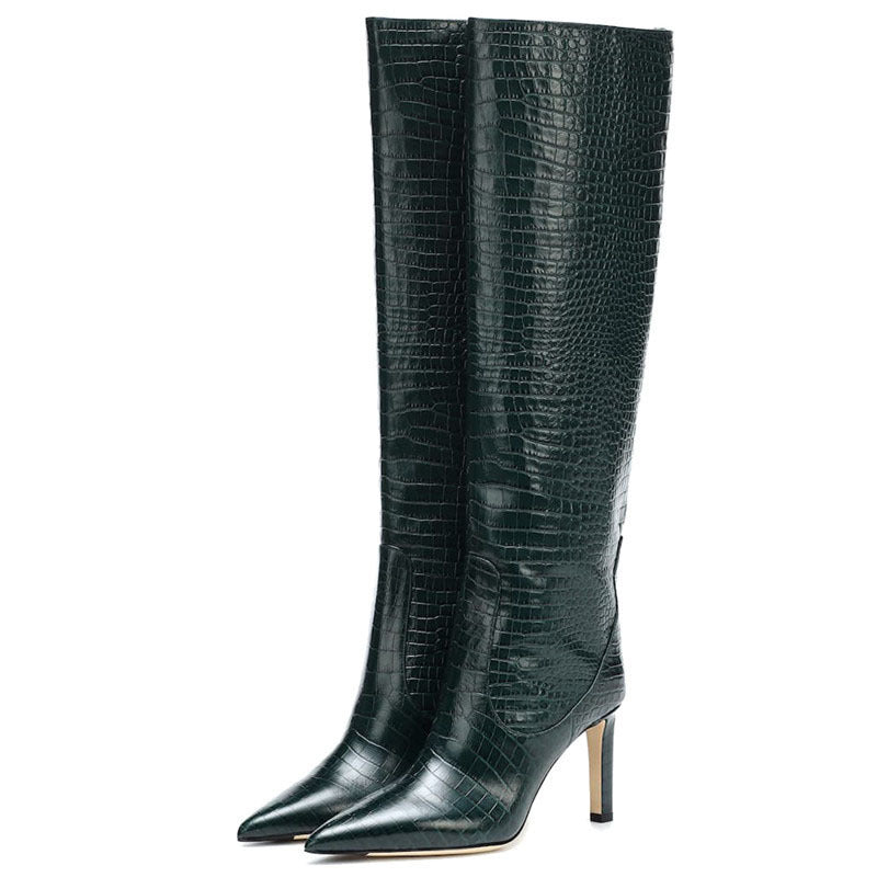 Tall Croc Pattern Pointed Toe Knee-High Women's High Heel Knight Boots