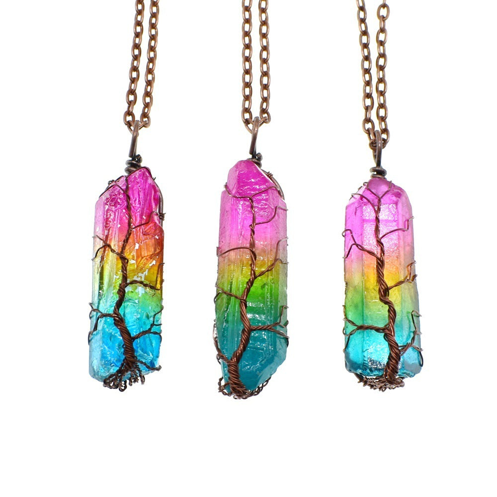 Gradient Colorblock Crystal Stone Pillar Tree Of Life Pendant Chain Necklace