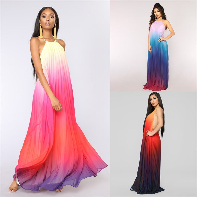 Gradient Colorblock Pleated Sleeveless Ruched Chiffon Halter Formal Maxi Dress