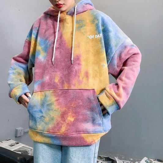 Tie-Dye Colorblock Drawstring Women's Pocketed Hoodie Sweatshirt