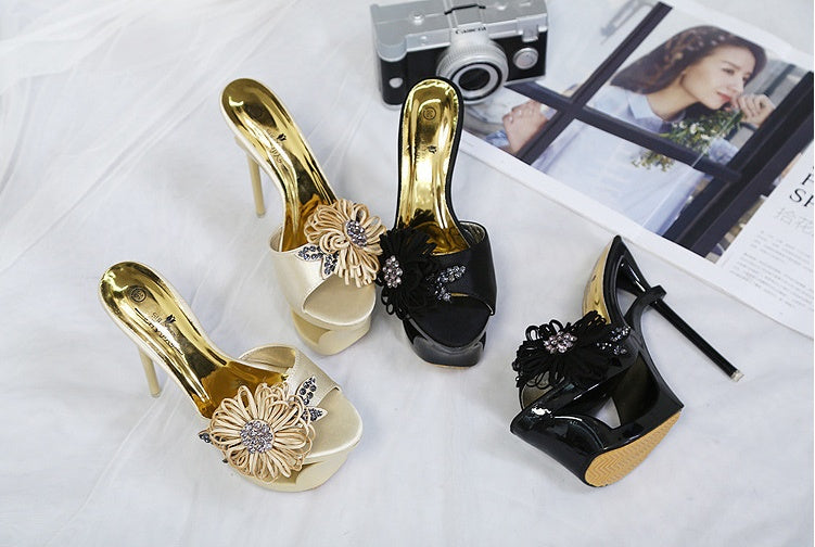 Metallic Rhinestone Flower Design Open Toe Stiletto Heel Fishmouth Sandal Pumps