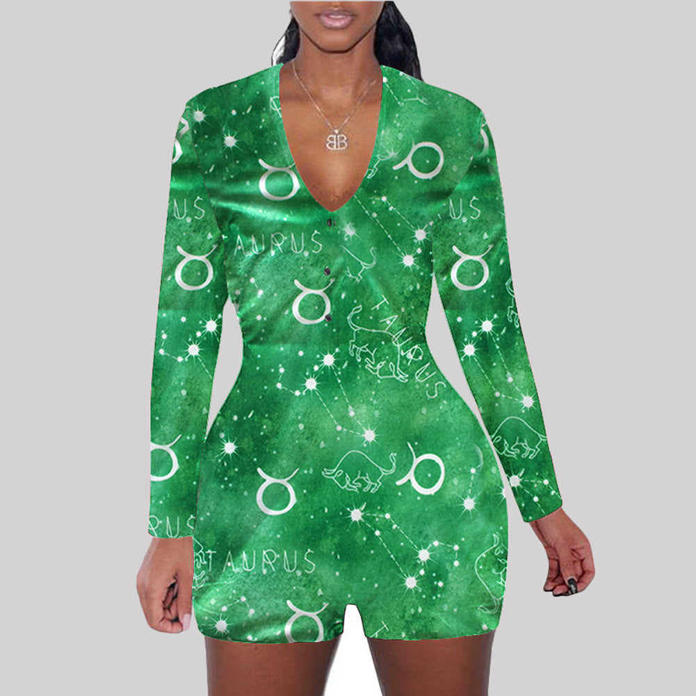 Astronomy Print Long Sleeve V-Neck Bodycon Women's One Piece Shorts Romper