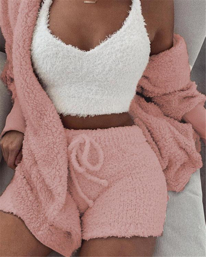 Fleece Solid Color Open Women's Long Sleeve Maxi Cardigan w/ Sash Belt, Crop Tank Top + Drawstring Shorts 3-Piece Knitted Pajamas Set