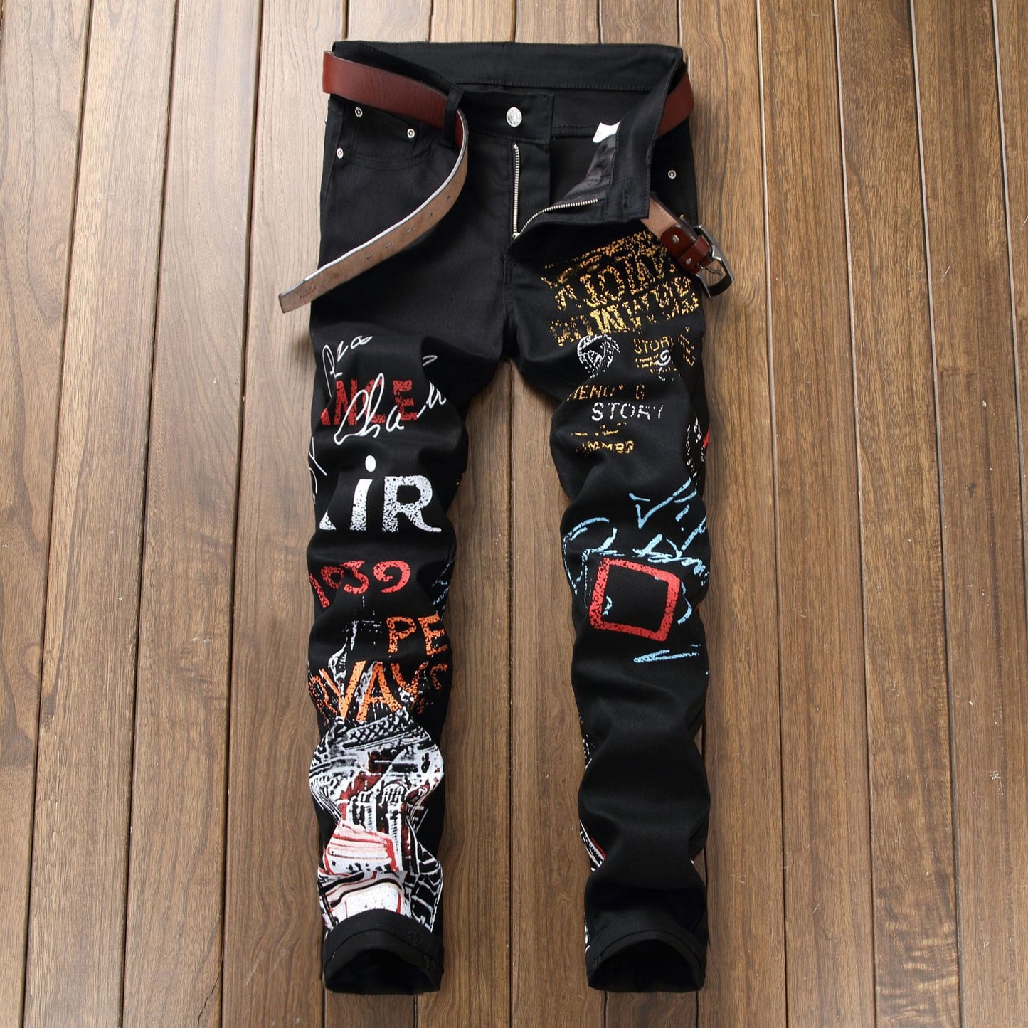 Men's White/Black Hip-Hop Graffiti Letter Print Ruched Skinny Jeans