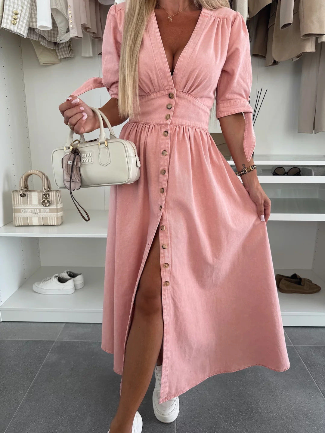 Denim Bohemian Ruched Deep V-Neck Long Sleeve High Slit Maxi Jean Dress