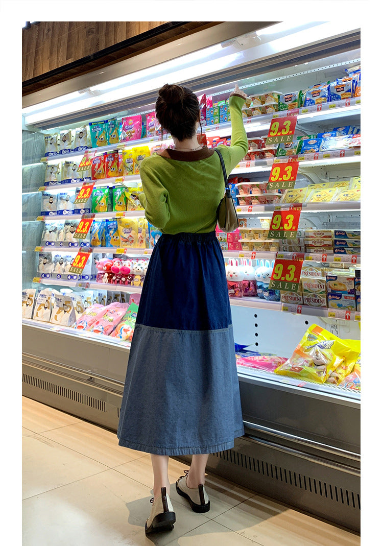 Retro Denim Blue Colorblock High Waist Maxi Jean Skirt to 4X Plus Size