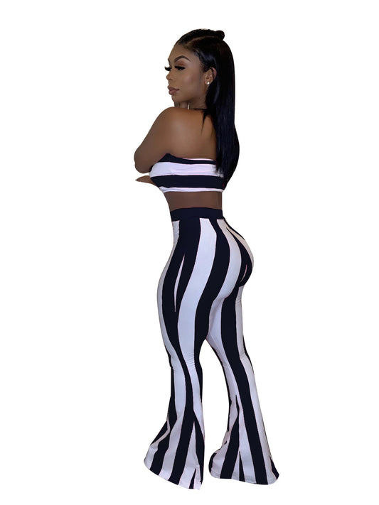 Striped Women's Crop Tube Top + Elastic Waist Bellbottom Leggings Women's 2-Piece Set