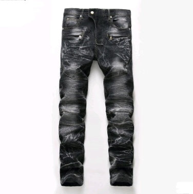 Men's Denim Gradient Washed Ribbed Ruched Ripped Zipper Pocket Skinny Jeans