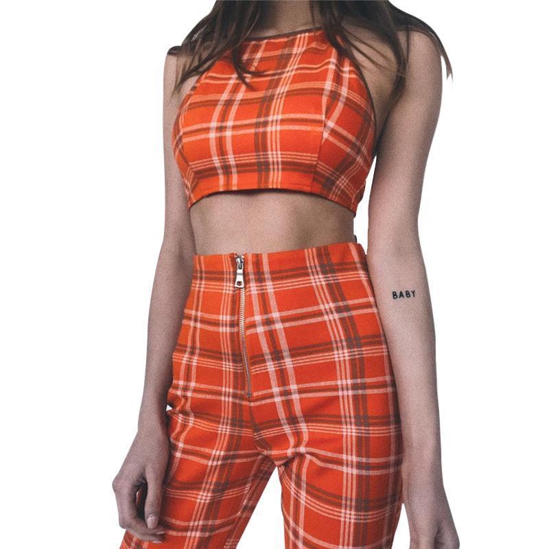 Plaid Sleeveless Crop Women's Halter Top + Matching Pants 2-Piece Set