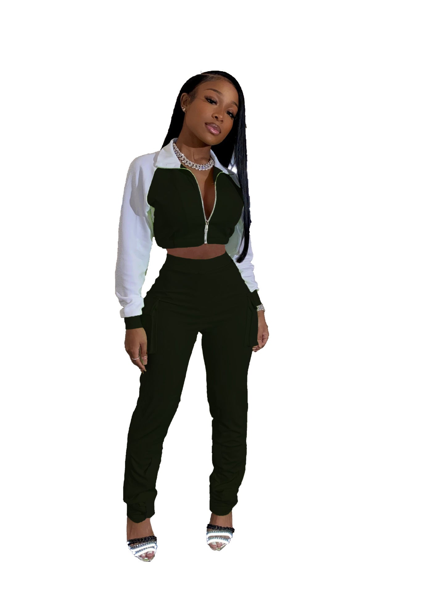 Colorblock Turn-Down Collar Cropped Sports Zipper Jacket + Cargo Pocketed Sweatpants Women's Tracksuit