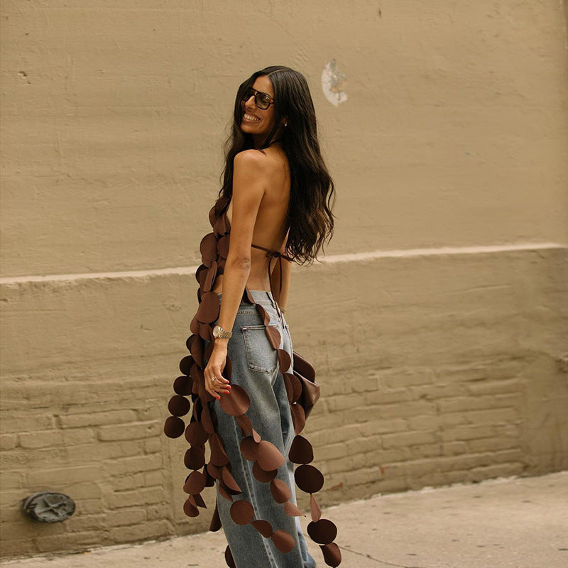 Sleeveless Hollow-Out Hole Tassel Design Lace-Up Bodycon Sleeveless Backless Shirt Dress