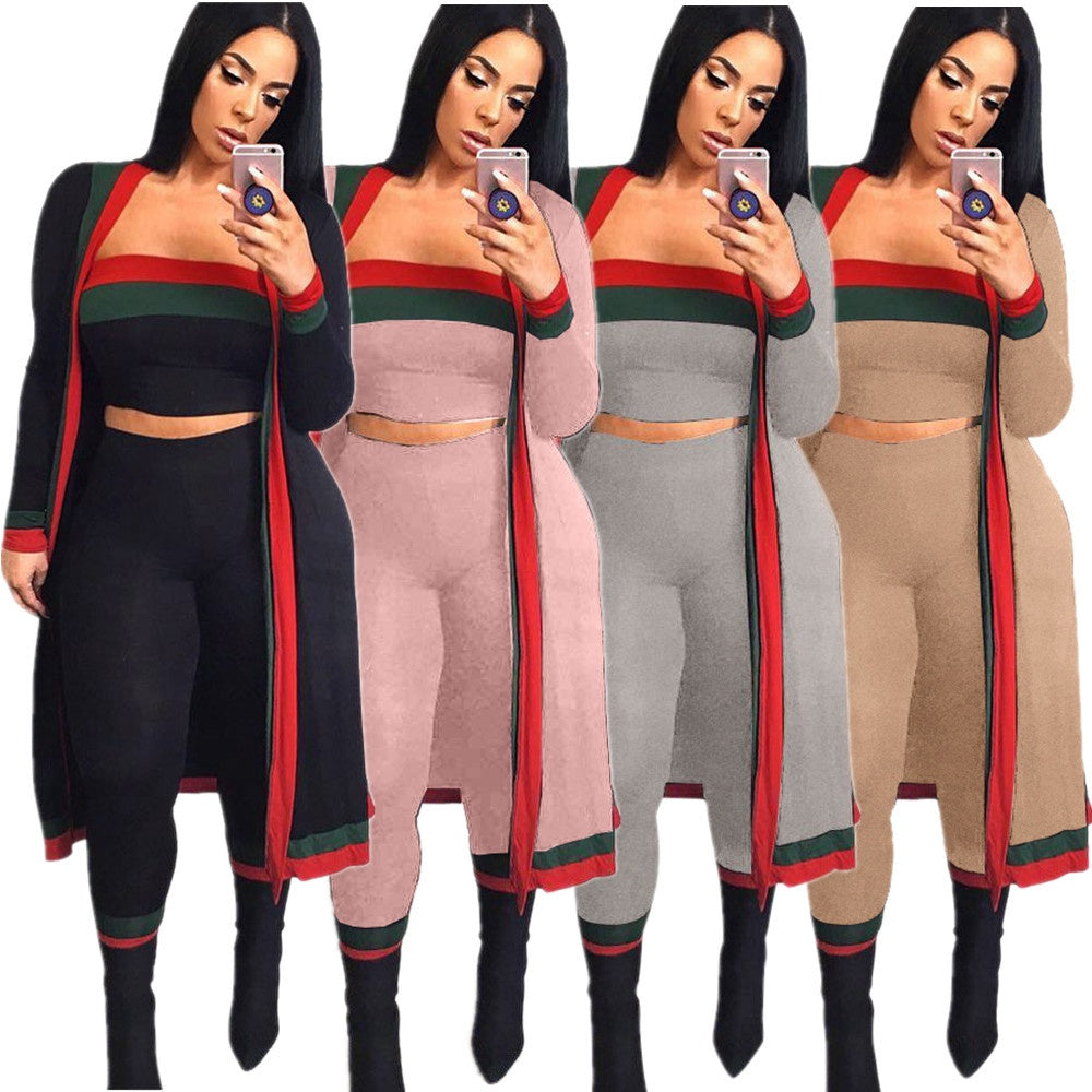 Colorblock Striped Long Sleeve Women's Maxi Cardigan + Tube Crop Top + Leggings 3-Piece Set to 3X Plus Size