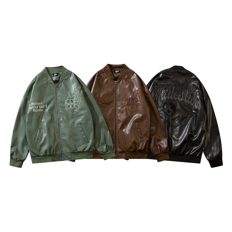 Men's PU Leather Loose Baseball Hip-Hop Turn-Down Collar Zipper Bomber Jacket