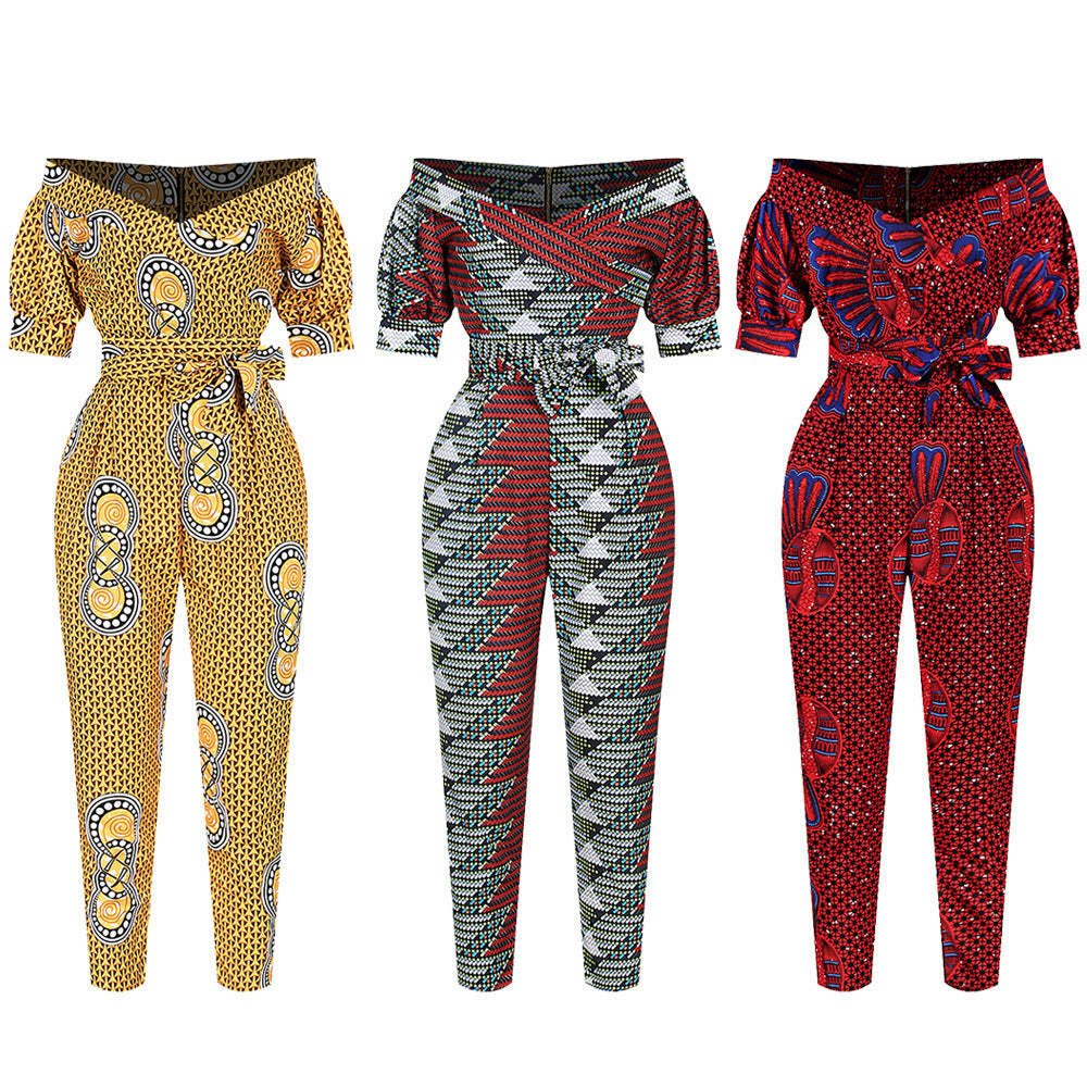 Off-the-Shoulder African Print Deep V-Neck Puff Sleeve One-Piece Jumpsuit