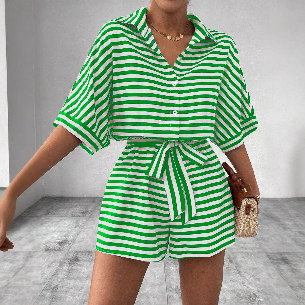 Striped Turn-Down Collar Button 1/2 Sleeve Sash Belted Women's Shorts Romper