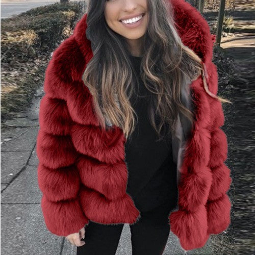 Oversized Ribbed Solid Color Faux Fur Women's Hoodie Jacket to 4X Plus Size