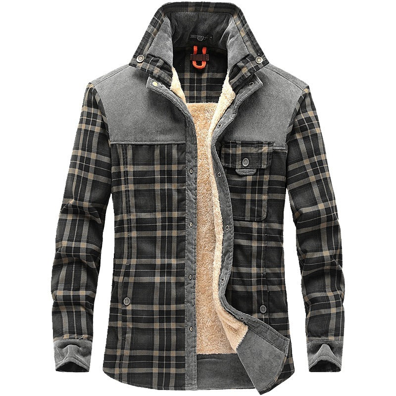 Men's Plaid Colorblock Fleece Lined Pure Cotton Button-Up Jacket