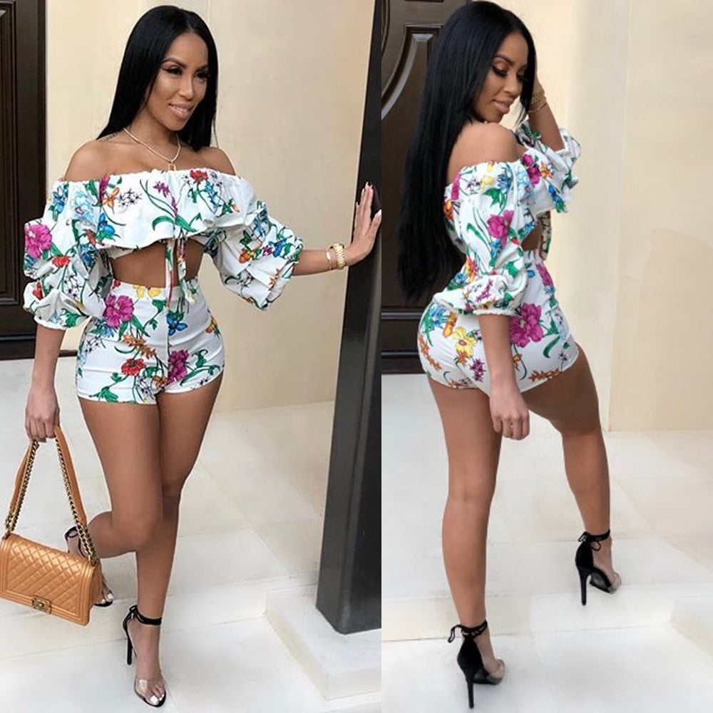 Tropical Floral Print Off-the-Shoulder Long Pile Sleeve Women's Top + Mini Shorts 2-Piece Set