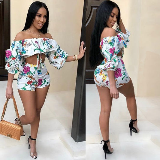 Tropical Floral Print Off-the-Shoulder Long Pile Sleeve Women's Top + Mini Shorts 2-Piece Set