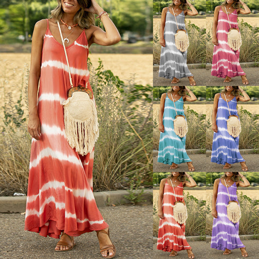 Striped Spaghetti Strap Tie-Dye Sleeveless Maxi Dress