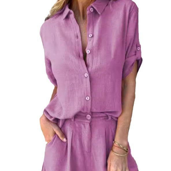 Short Sleeve Solid Color Women's Lapel Button-Up Blouse + Pocket Shorts 2-Piece Set
