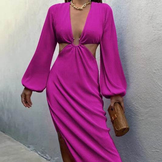 Ribbed Pleated Ring Hollow-Out Design High Side Slit Long Sleeve Maxi Dress