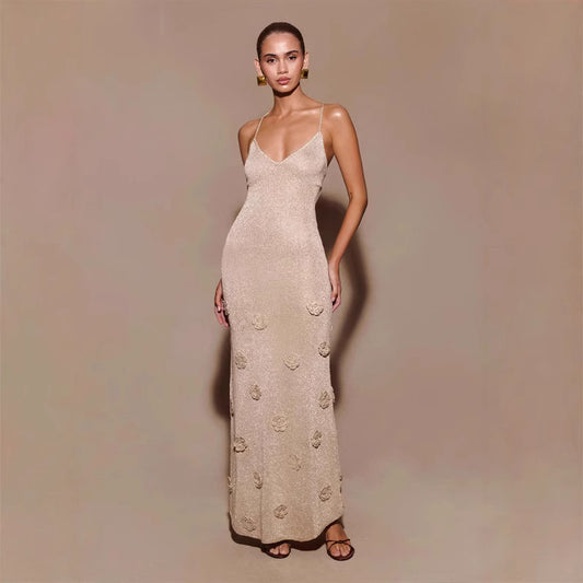 Knitted Crochet Flower Embroidered Glitter Sleeveless Spaghetti Strap Maxi Dress