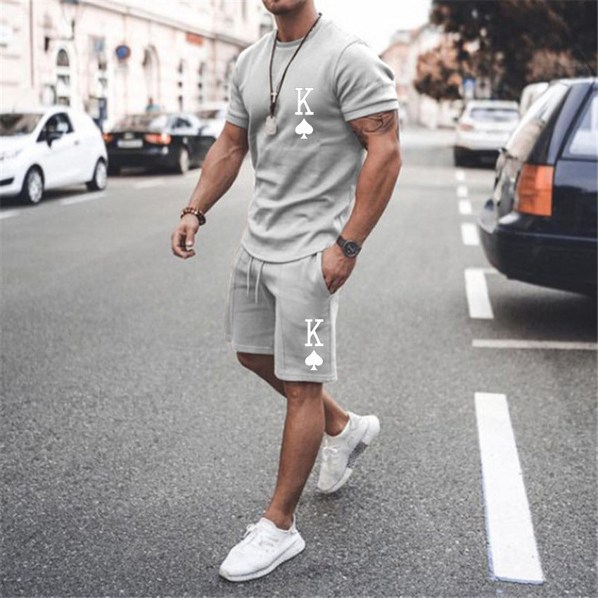 Men's King Of Spades Print Loose Solid Color Casual T-Shirt + Shorts 2-Piece Set