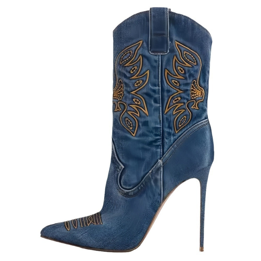 Western Denim/PU Leather Embroidered Stiletto Heel Women's Ankle Boots