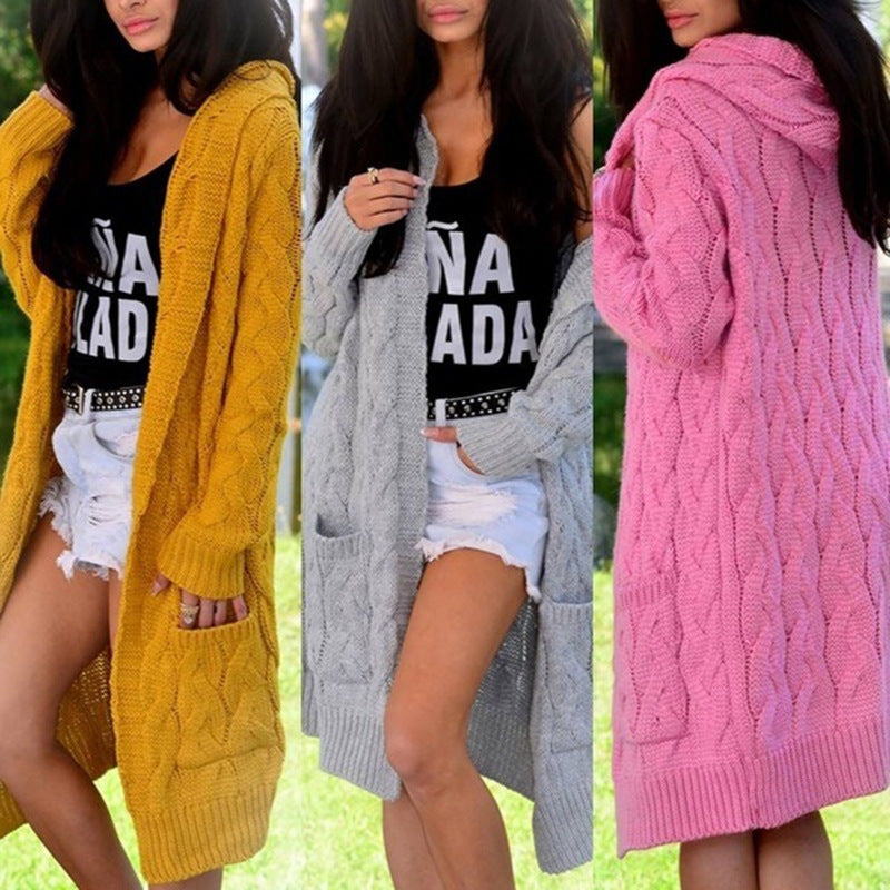 Oversized Knitted Weave Pattern Loose Pocketed Women's Hoodie Maxi Sweater