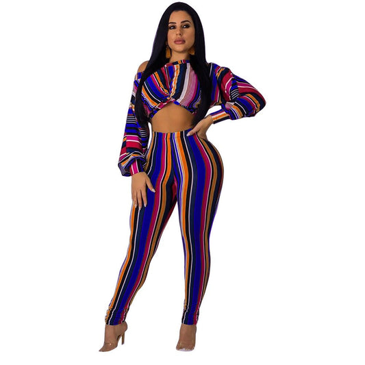 Rainbow Colorblock Striped Print O-Neck Women's Long Sleeve Crop Top + Leggings 2-Piece Set