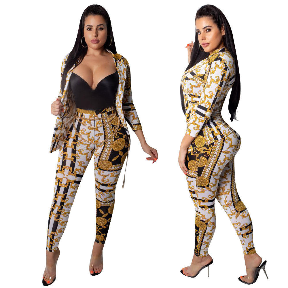 Baroque Yellow/Black Women's Long Sleeve Jacket + Skin Tight Leggings 2-Piece Set