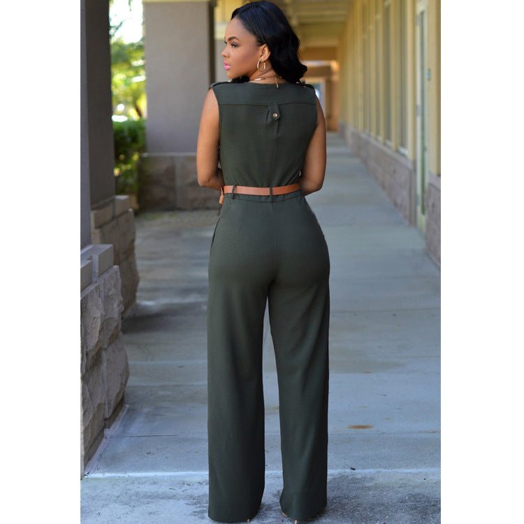 Ruched Sleeveless Deep V-Neck Solid Color Women's Jumpsuit