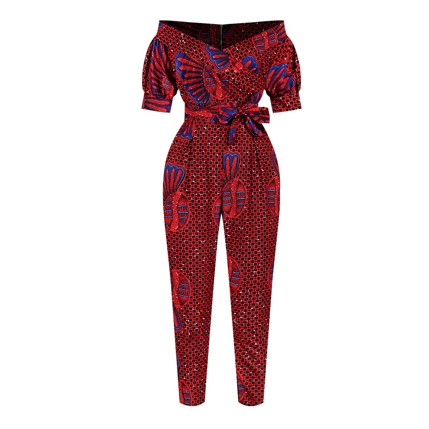 Off-the-Shoulder African Print Deep V-Neck Puff Sleeve One-Piece Jumpsuit