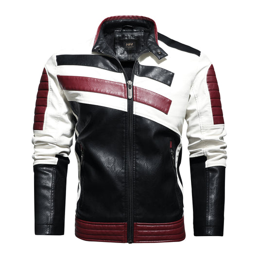Men's PU Leather Diagonal Striped Colorblock Pattern Motorcycle Stand Collar Biker Bomber Jacket