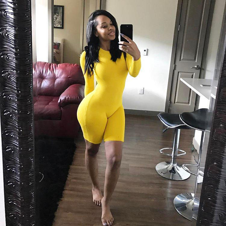 Bodycon Women's Long Sleeve Solid Color Fitness Shorts Romper