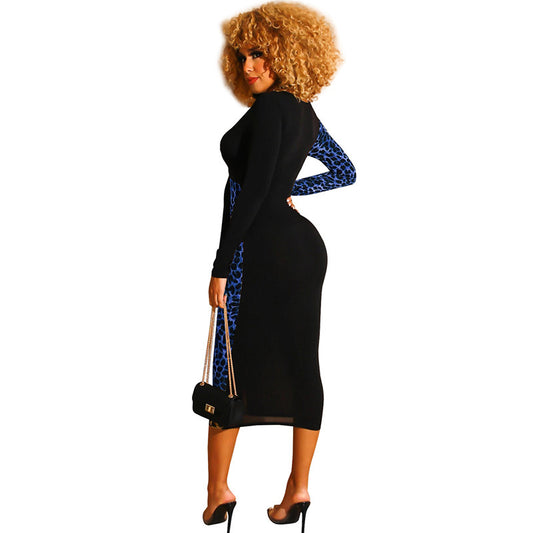 Leopard Colorblock Print V-Neck Bodycon Belted Long Sleeve Dress
