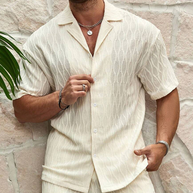 Men's Turn-Down Collar Short Sleeve Solid Color Shirt + Matching Shorts Two-Piece Set